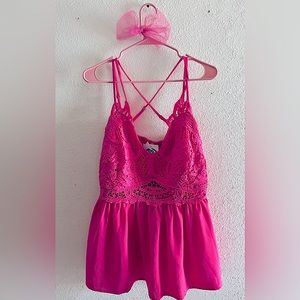 Hot pink, lace top,babydoll style cami, crisscross adjustable straps, 2x